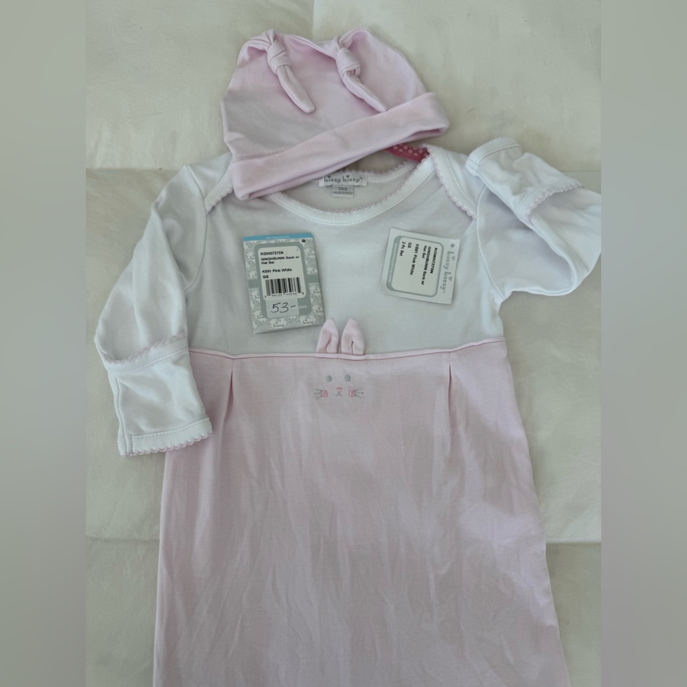 Worn/Washed once KISSY KISSY Size Small Infant Bunny gown and cap